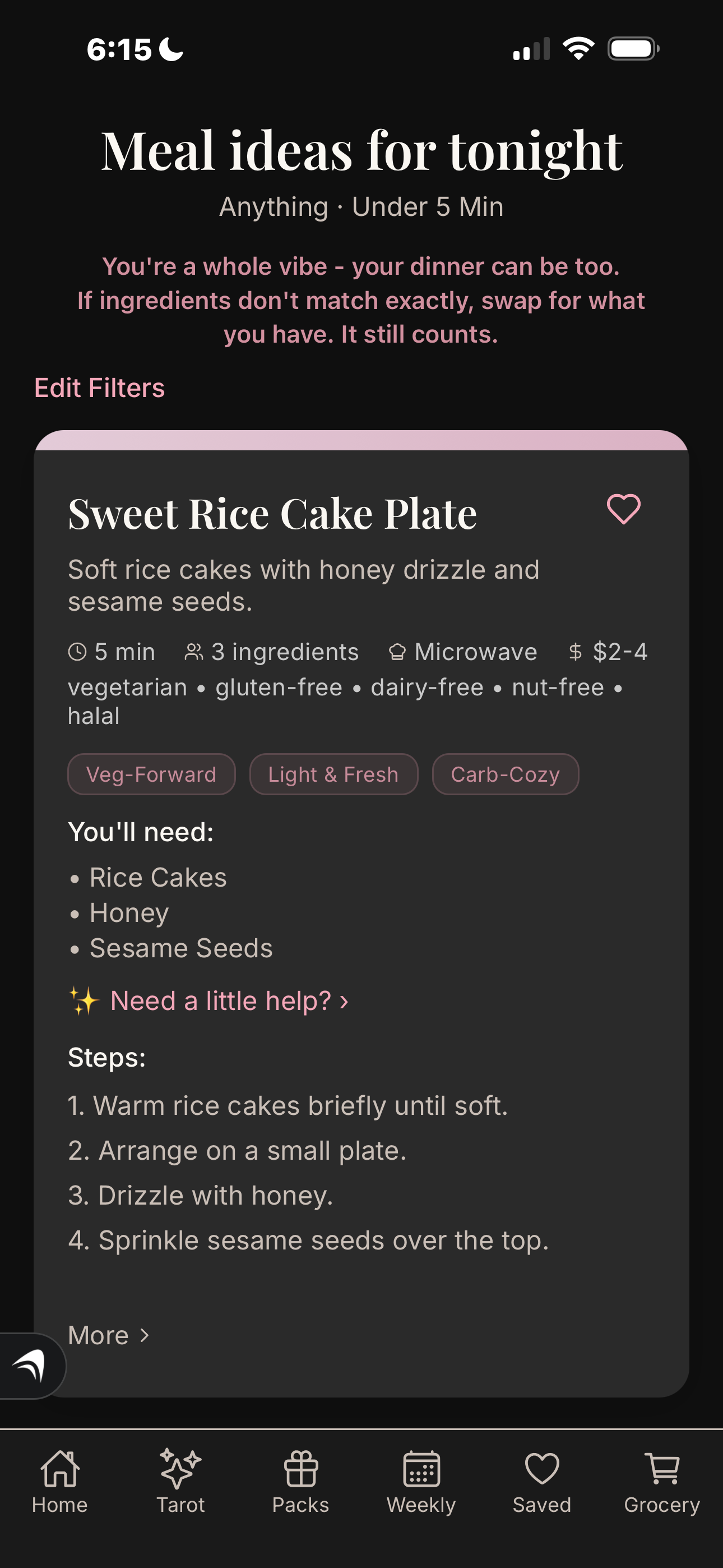 App screenshot: meal card