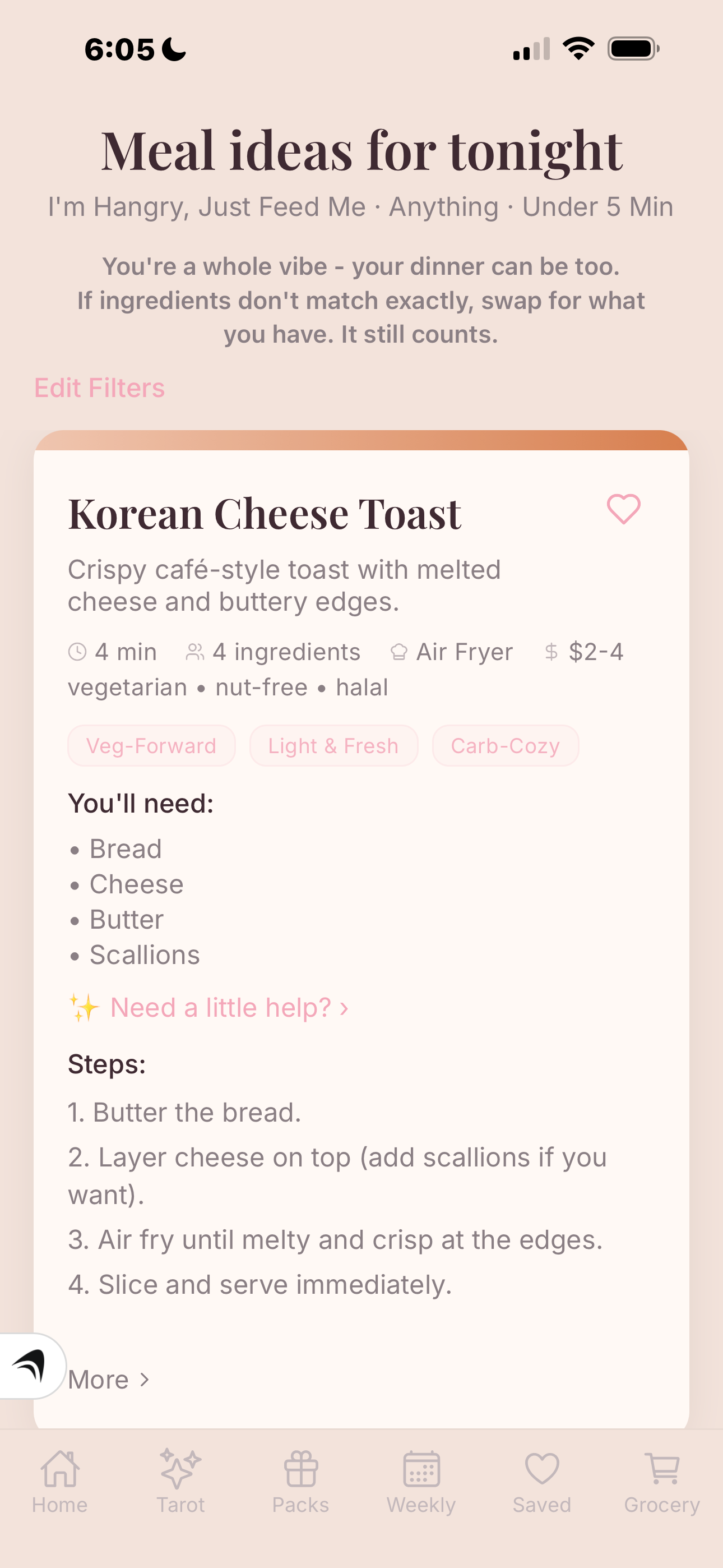 App screenshot: meal card