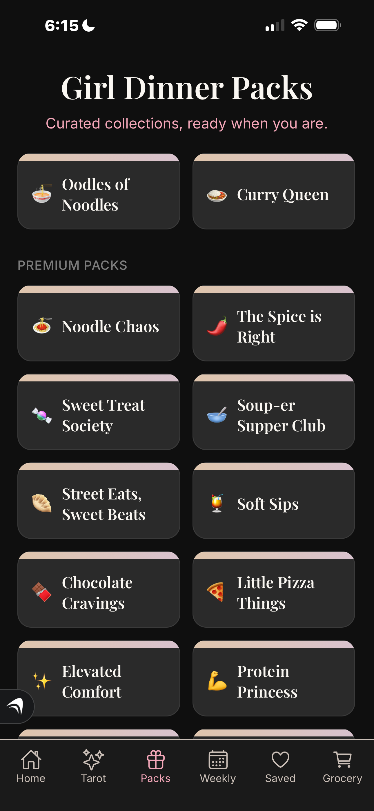 App screenshot: meal packs