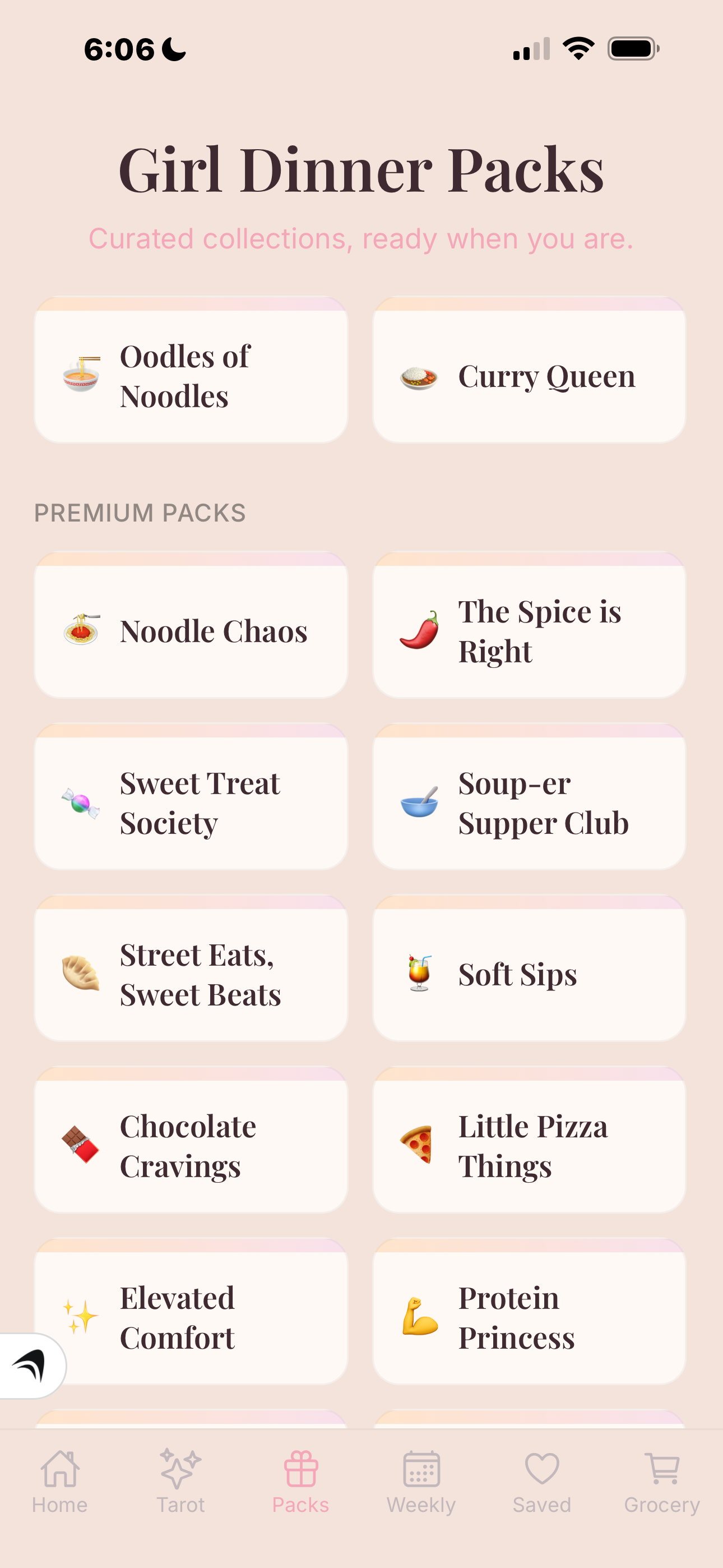 App screenshot: meal packs