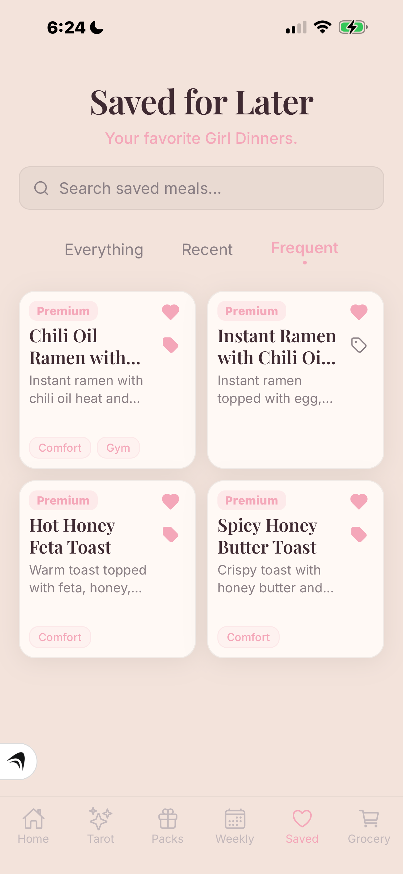 App screenshot: saved meals