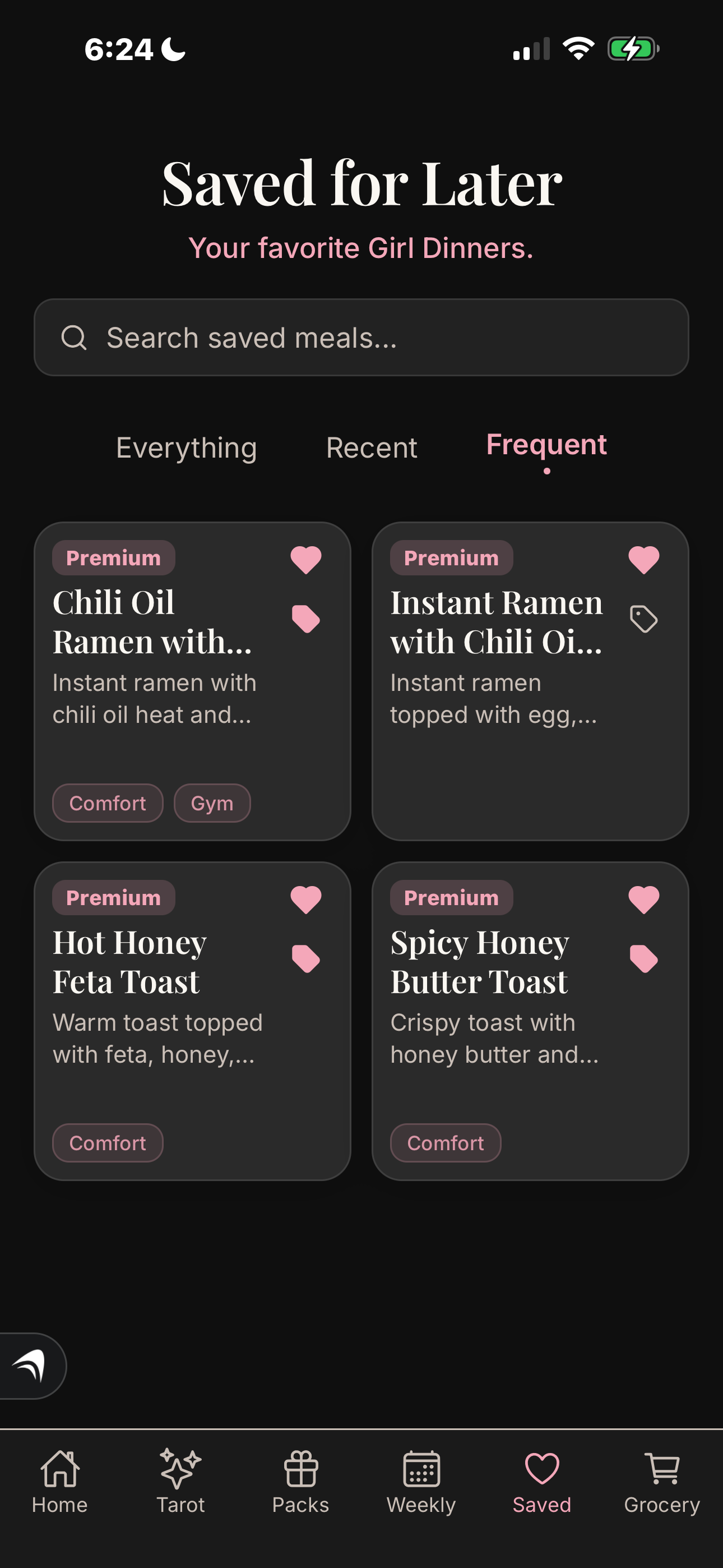 App screenshot: saved meals