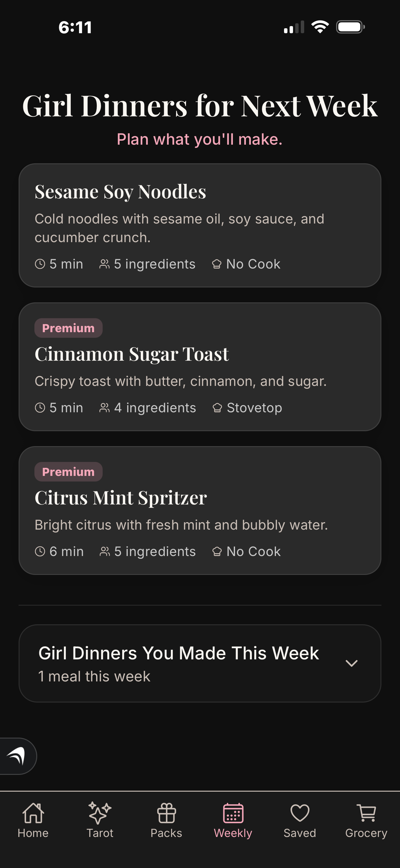 App screenshot: weekly meals
