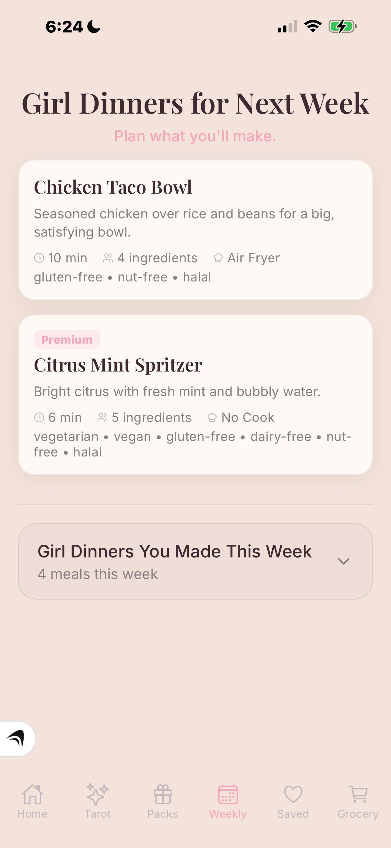 App screenshot: weekly meals